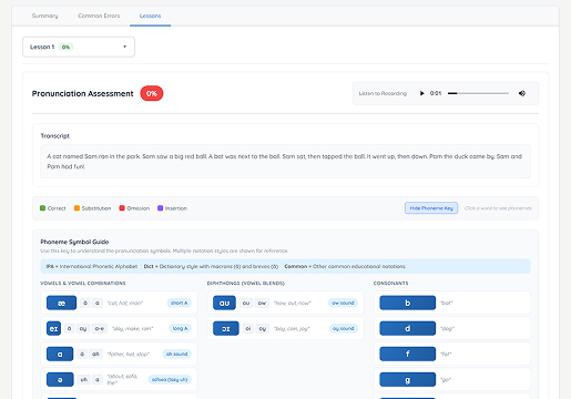 Individual student lesson recording details in BabbleBot.